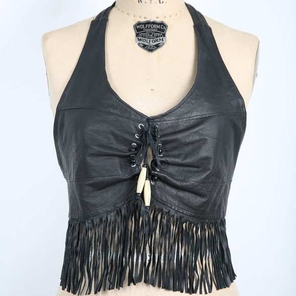 Vintage Black Leather Halter Top with Fringe & Beads Boho Hippie Biker Rock - Picture 3 of 4
